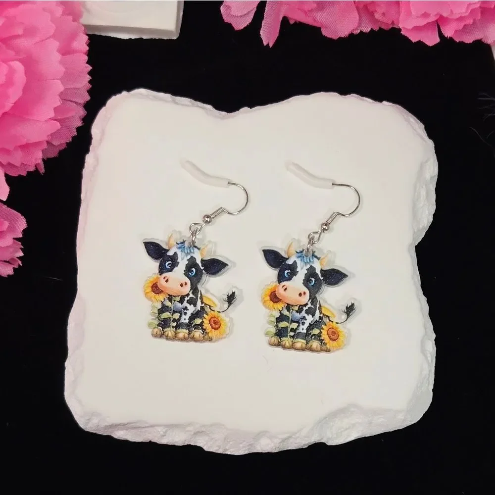 Holstein Cow Sunflower Earrings – Cute Farmcore Acrylic Dangles Dairy Cow